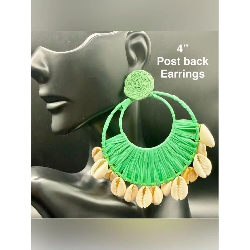 E11. Green Raffia Hoop Earrings with Natural Shell Accents